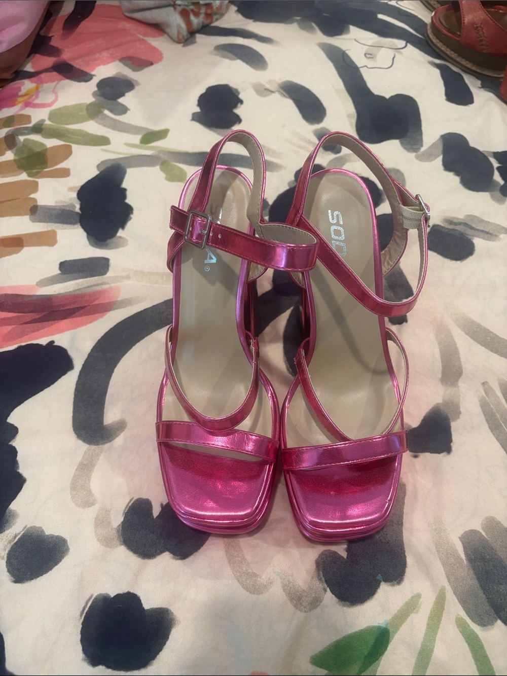 Soda Metallic Pink Strappy Block Heel Sandals